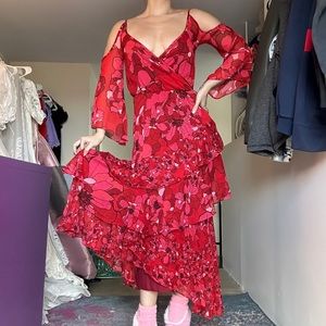 Cranberry Floral Cold Shoulder Dress